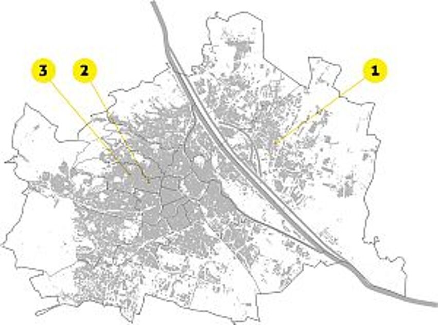 Verortung der drei Demoobjekte im Stadtraum